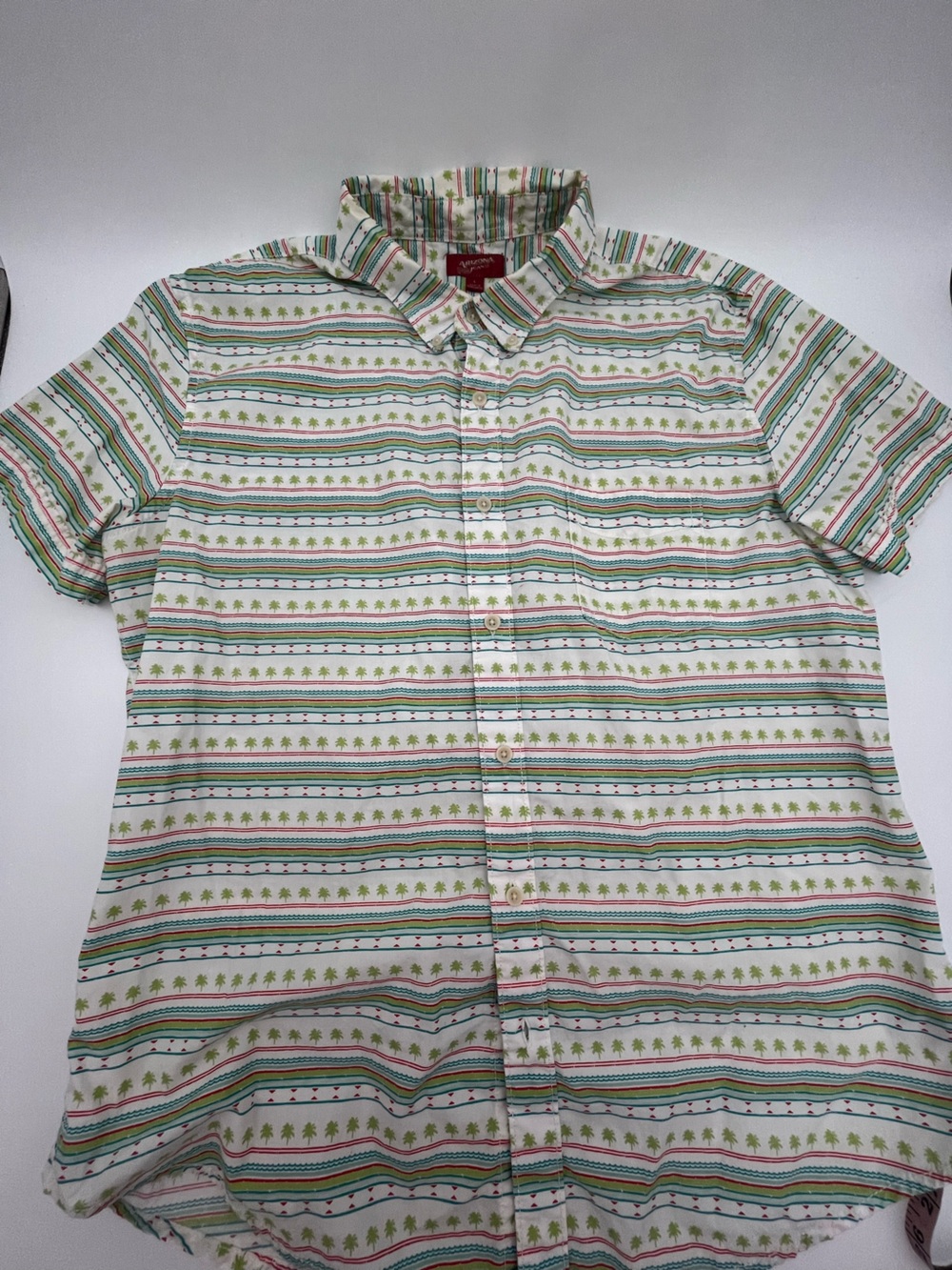 Men's Short-Sleeve Palm tree Casual resort Button-Up Shirt White Green Stripe L